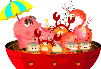 seafood grill bbq party outdoor, group of seafood happily party on the charcoal bbq grill