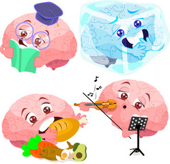 healthy brain in daily life activities with many expressions vector set