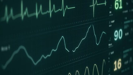 Medical device inspecting the sick persons heartbeat at the healthcare center. Medical device detects slow deterioration of a heartbeat. Medical device indicates the falling heartbeat graph. Death.
