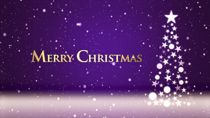 クリスマスツリーと色のついた背景に雪が舞い、クリスマスの文字