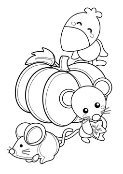 Autumn Mouse Bird Pumpkin Coloring Pages A4 for Kids and Adult
