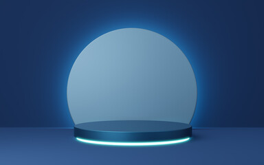 3D blue cylinder pedestal with neon border, circle lighting on copy space background. Empty modern podium mockup. Abstract technology dark minimal geometric object. 3d render illustration.