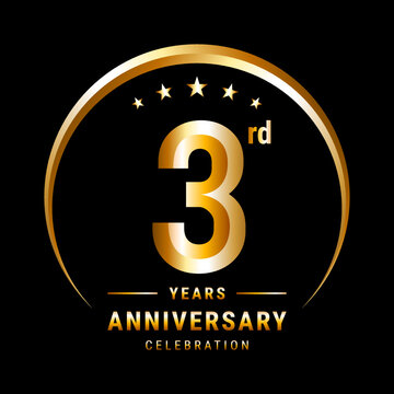 3rd Anniversary, Logo design for anniversary celebration with gold ring isolated on black background, vector illustration