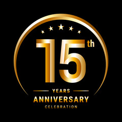 15th Anniversary, Logo design for anniversary celebration with gold ring isolated on black background, vector illustration