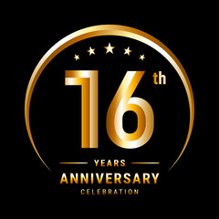 16th Anniversary, Logo design for anniversary celebration with gold ring isolated on black background, vector illustration