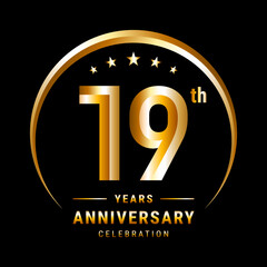 19th Anniversary, Logo design for anniversary celebration with gold ring isolated on black background, vector illustration