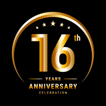 16th Anniversary, Logo design for anniversary celebration with gold ring isolated on black background, vector illustration