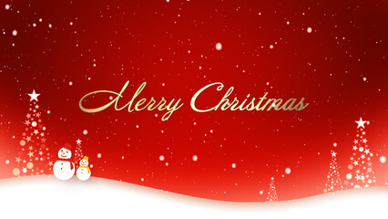 雪が舞う中を雪だるまたちが歩く、メリークリスマスの文字