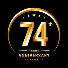 74th Anniversary, Logo design for anniversary celebration with gold ring isolated on black background, vector illustration