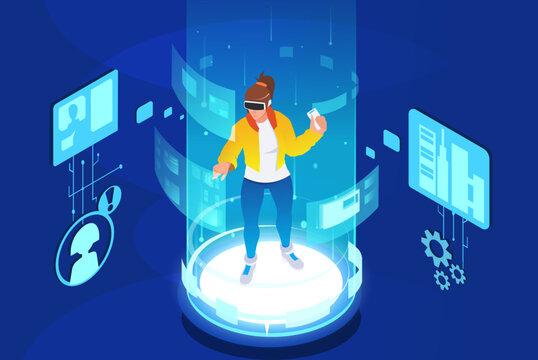 Young woman wearing headset googles and touching vr 360 interface network. Man education into virtual reality database holograms. Future technology entertainment metaverse concept. Vector illustration