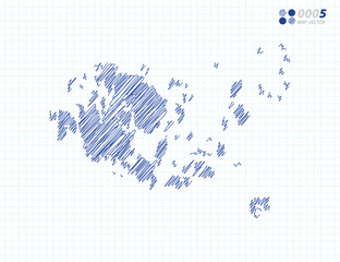 Blue vector silhouette chaotic hand drawn scribble sketch of Aland Islands map on grid background.