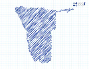 Blue vector silhouette chaotic hand drawn scribble sketch of Namibia map on grid background.