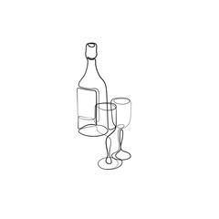 Wine and glasses icon, continuous line drawing, logo design, silhouette single line on a white background, isolated vector illustration.