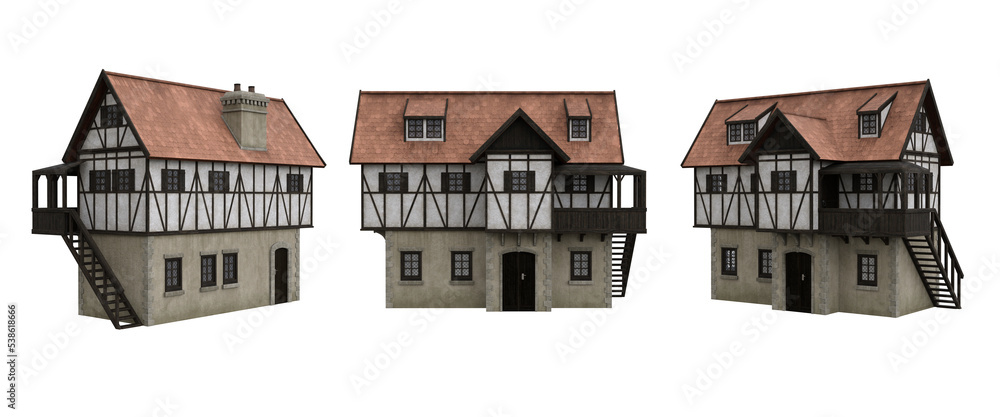 Poster Medieval half timber house with stairs on the side. 3D rendering with 3 different angles isolated on transparent background.