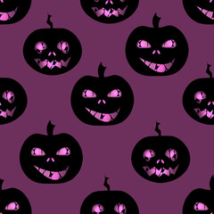 Fototapeta premium Halloween seamless pattern with style pumpkins on purple background. Modern halloween concept with scary jack o lantern. Print for halloween banner.