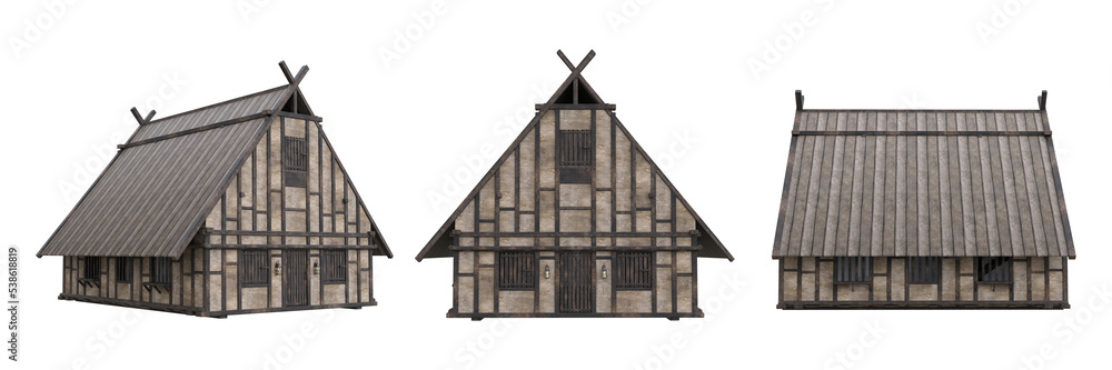 Poster old wooden medieval house viewed from 3 different angles. 3d illustration isolated on transparent ba