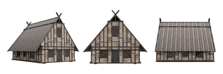 Old wooden medieval house viewed from 3 different angles. 3D illustration isolated on transparent background.