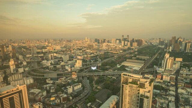 Bangkok city skyline day to night timelapse at city center and street highway, Thailand 4K time lapse