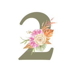 Number two of numeric illustration with arrangement floral painting element