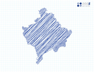 Blue vector silhouette chaotic hand drawn scribble sketch of Kosovo map on grid background.