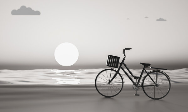 The silhouette of a black bike on the beach with the sunset reflecting on the water lifestyle of monochrome color relaxation in summer or autumn is used for a background. 3D rendering illustration