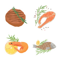 Set of tasty cooked dishes with rosemary and spices on white background