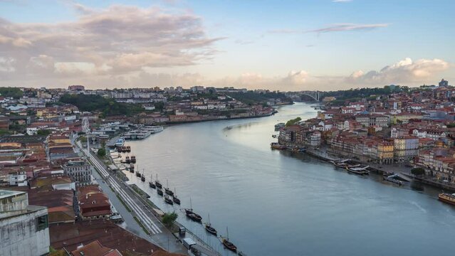 Porto Portugal time lapse 4K, city skyline timelapse at Porto Ribeira and Douro River