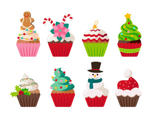 Christmas cupcakes set - cute winter sweets food. Xmas icing muffin santa claus hat, snowman, christmas tree, sugar cream with mistletoe, giengerbread man. Flat cartoon dessert vector illustration.