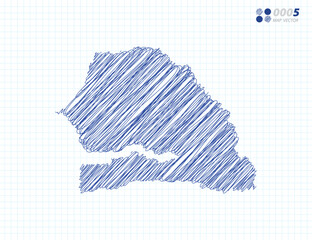 Blue vector silhouette chaotic hand drawn scribble sketch of Senegal map on grid background.