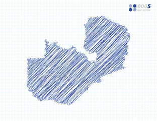 Blue vector silhouette chaotic hand drawn scribble sketch of Zambia map on grid background.