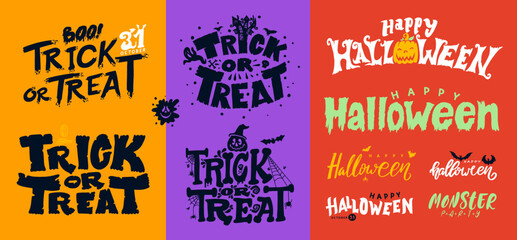 Happy halloween greeting cards lettering set. Halloween lettering phrases set. Halloween greeting card calligraphy. Trick or treat lettering. Hand drawn vector, creepy, spooky elements, sketch, icon.