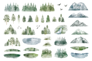 Crédence de cuisine en verre imprimé Montagnes Watercolor Forest tree illustration. Mountain landscape. Woodland pine trees. Green Forest.