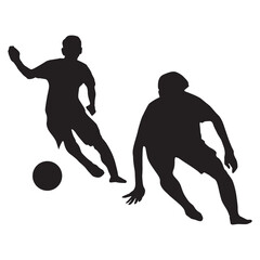 silhouette of two soccer players dueling on a green field. vector illustrations.

