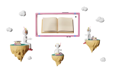 Fototapeten Stick man and Floating island with book and Mobile phone, education application learning concept, 3d illustration or 3d rendering © sirawut