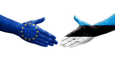 Handshake between Estonia and European Union flags painted on hands, isolated transparent image.