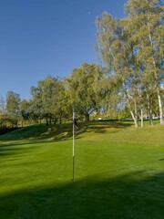 Obraz premium Golf Course green with blue sky and flag in view, autumn day with dew