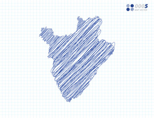 Blue vector silhouette chaotic hand drawn scribble sketch of Burundi map on grid background.