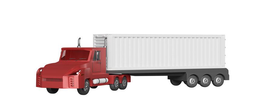 Red Tractor And Trailer Or Semi Truck With Container, 3d Illustration Or 3d Render