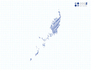 Blue vector silhouette chaotic hand drawn scribble sketch of Palau map on grid background.