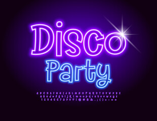 Obraz premium Vector playful emblem Disco Party. Glowing Font. Bright neon Alphabet Letters, Numbers and Symbols set