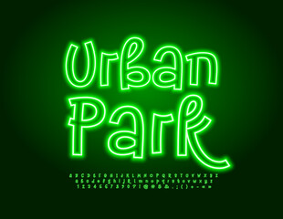 Naklejka premium Vector glowing sign Urban Park. Funny electric Font. Green Neon Alphabet Letters, Numbers and Symbols set.