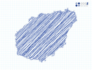Blue vector silhouette chaotic hand drawn scribble sketch of Hainan map on grid background.