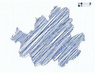 Blue vector silhouette chaotic hand drawn scribble sketch of Seoul map on grid background.