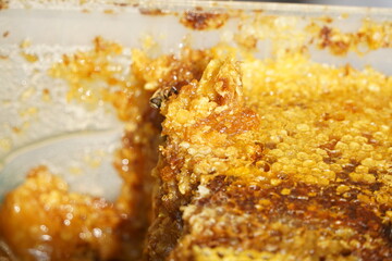 Layers of honeycomb stacked on top of each other and a bee.