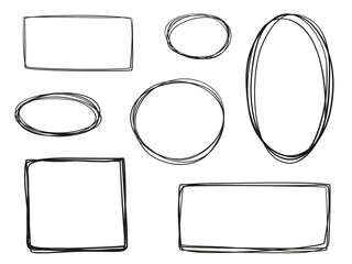 Hand drawn frames on white. Abstract frameworks. Line art. Set of different shapes. Black and white illustration. Doodles for artwork