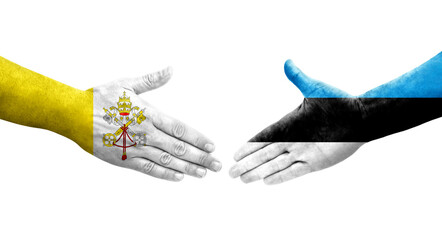 Handshake between Estonia and Holy See flags painted on hands, isolated transparent image.