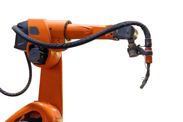 Orange Welding Robot Arm for automation metal weld industry factory isolated on white