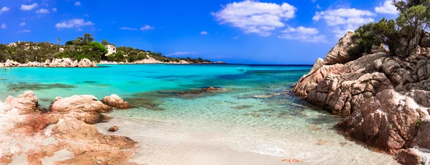 Gordijnen Italy summer holidyas . Sardegna island - stunning Emerald coast (Costa Smeralda) with  beautiful beaches.  popular Capriccioli beach with red rocks and  turquoise sea © Freesurf