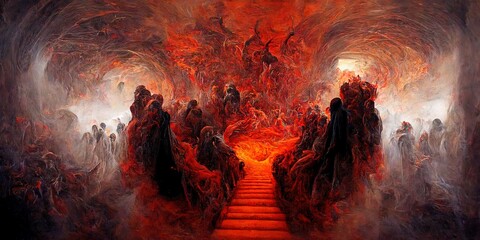 Die Höllen-Inferno-Metapher, Seelen, die in hypnotisierender flüssiger Bewegung in die Hölle eintreten, mit Höllenfeuer und Rauch