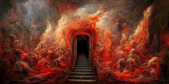 The hell inferno metaphor, souls entering to hell in mesmerize fluid motion, with hell fire and smoke